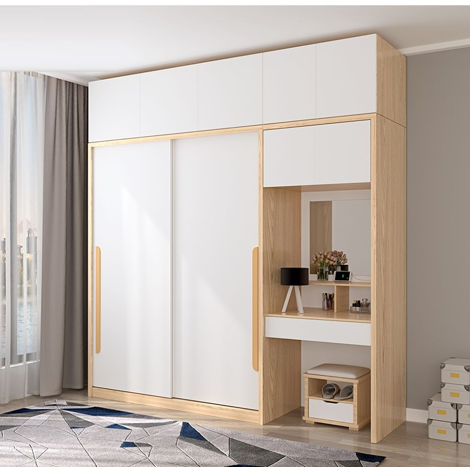 Mẫu tủ quần áo âm tường cánh lùa kết hợp bàn trang điểm
